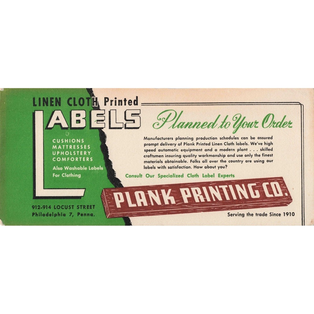 Vtg Ink Blotter Plank Printing Co Philadelphia PA Linen Labels Ad - Picture 1 of 2